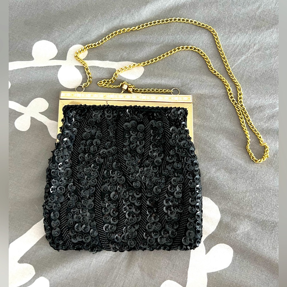 Vintage Black Purse, Sequined Beaded Handbag, Evening Bag, Wedding, Date Night